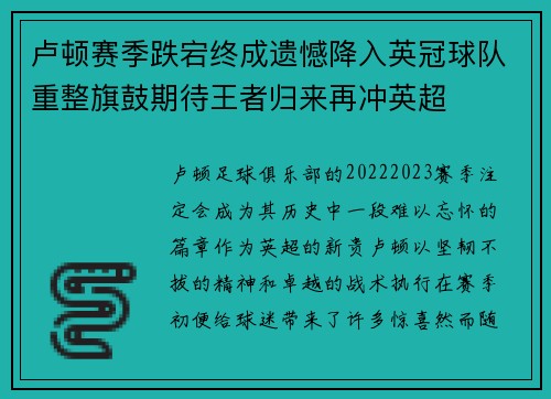 卢顿赛季跌宕终成遗憾降入英冠球队重整旗鼓期待王者归来再冲英超