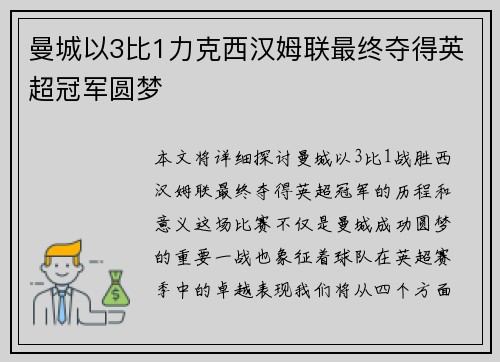 曼城以3比1力克西汉姆联最终夺得英超冠军圆梦
